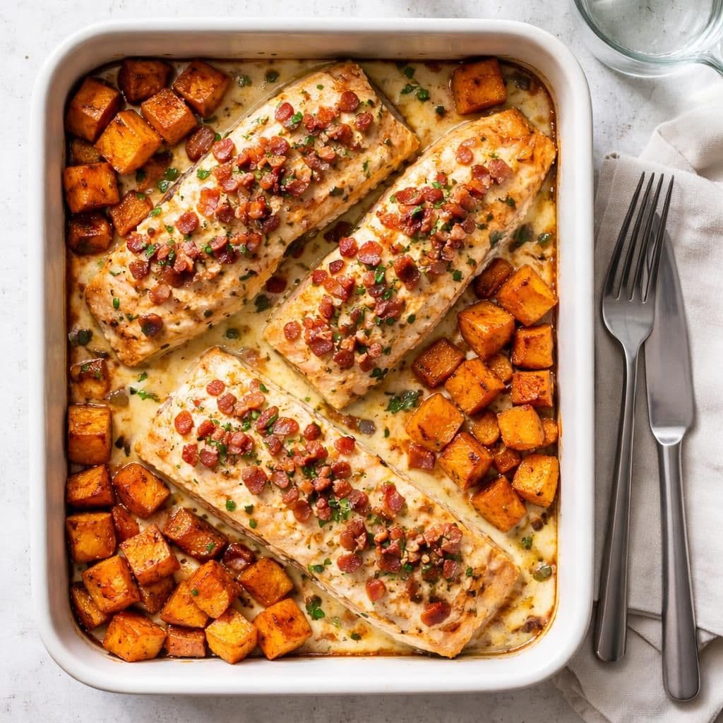 Laksefilet i ovn med creme fraiche og bacon