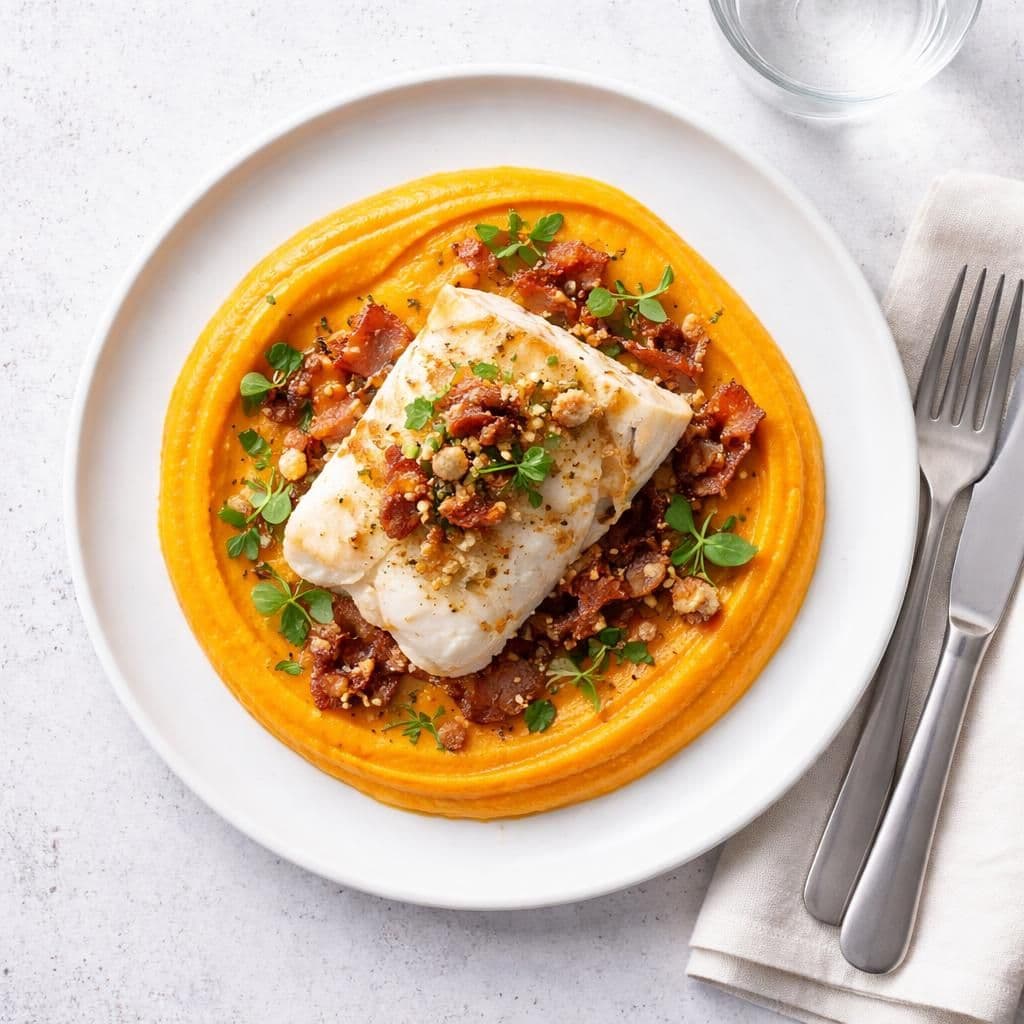 Torsk i ovn med gulrotpuré og spekeskinke