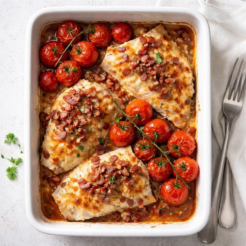 Gratinert sei med bacon og klasetomater