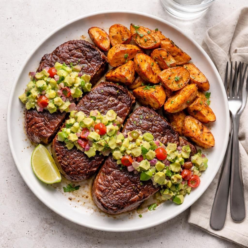 Stekt angusbiffer med avokadosalsa og ovnsbakte søtpoteter