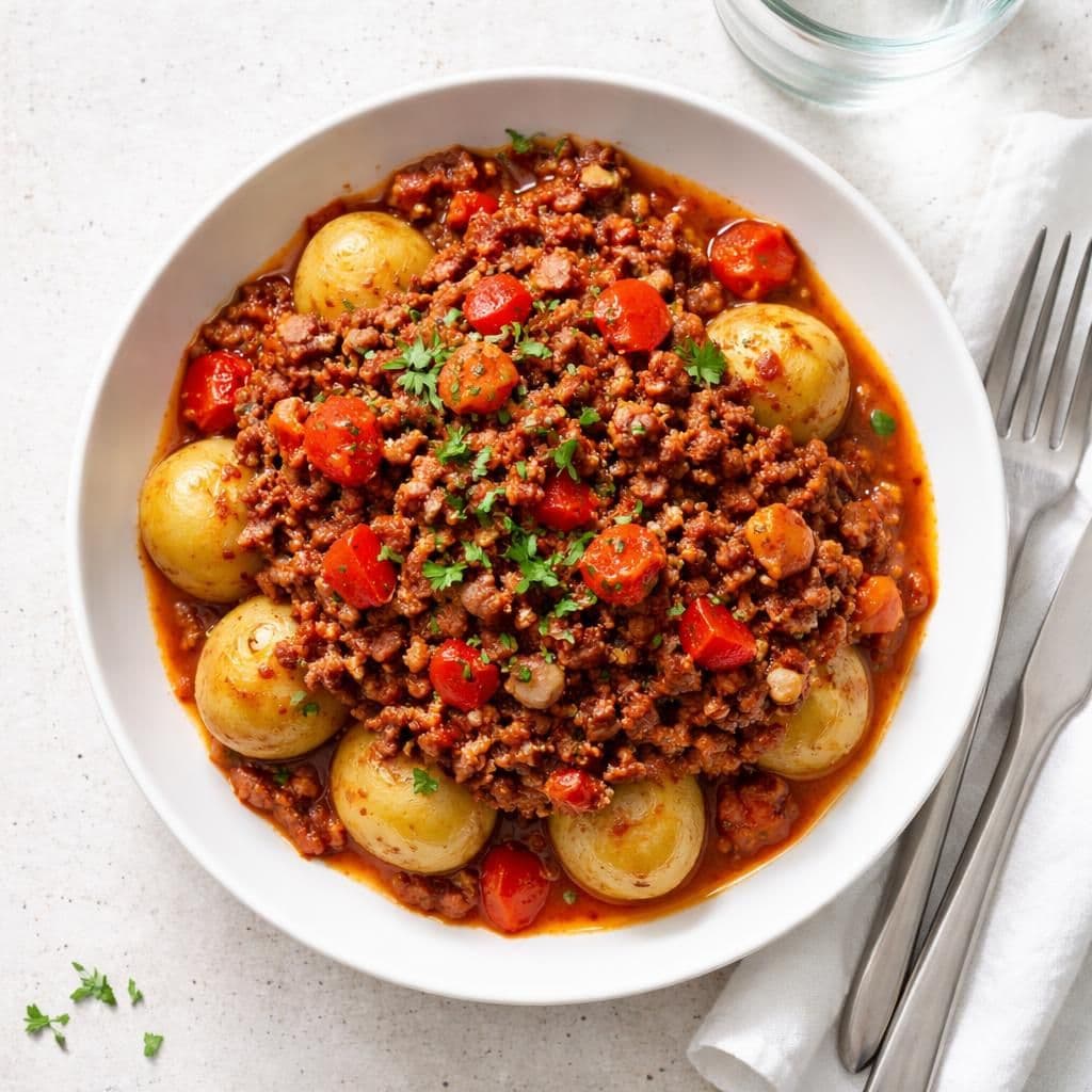 Krydret oksekjøttdeig med paprika og tomatstuing
