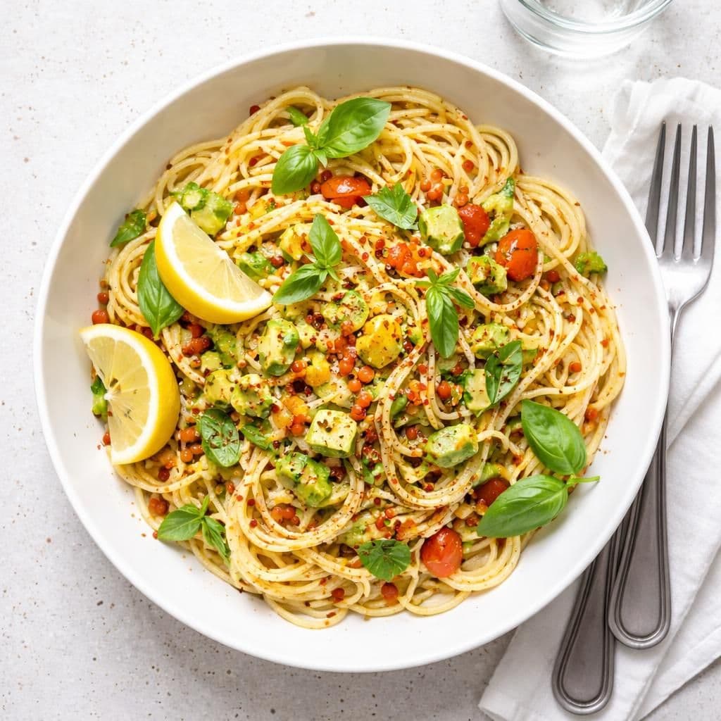 Wokstekt spaghetti med avokado og røde linser