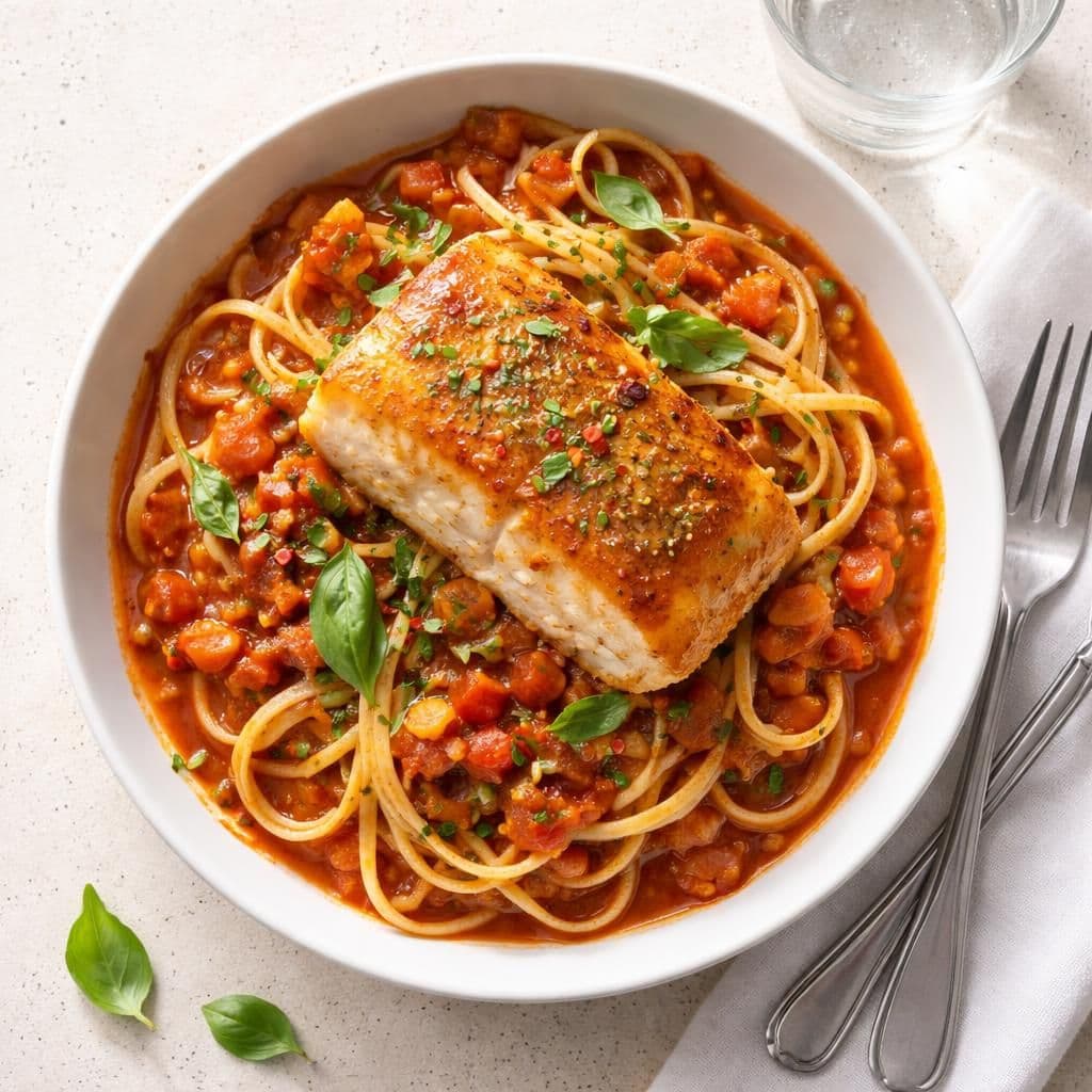 Stekt torsk med krydret tomatpasta