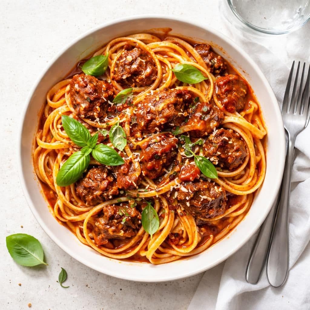 Pasta linguine med oksekjøtt i spicy tomatsaus
