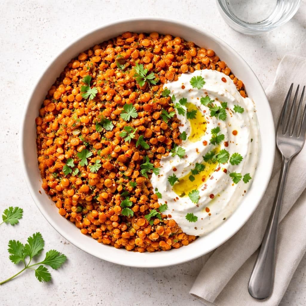 Stekte røde linser med yoghurtsaus