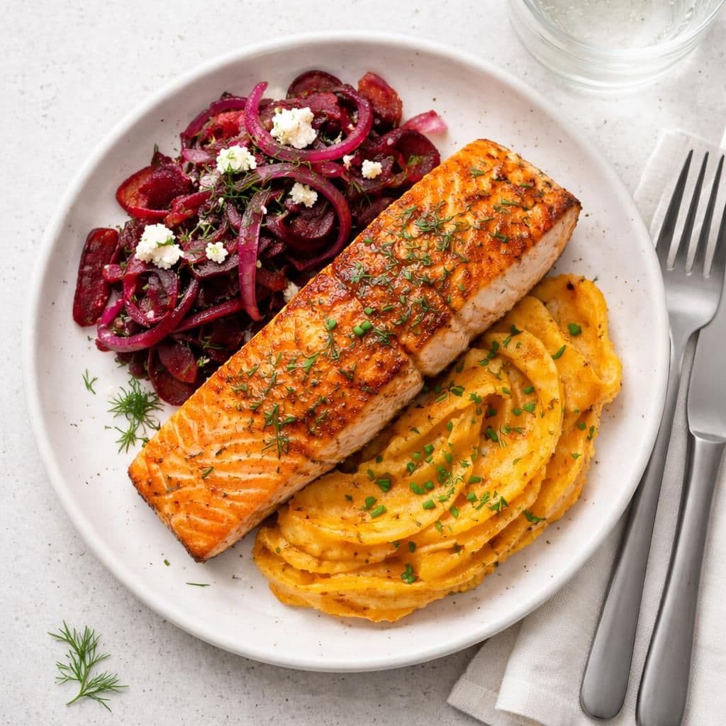 Stekt laks med syltet rødbetsalat og søtpotet