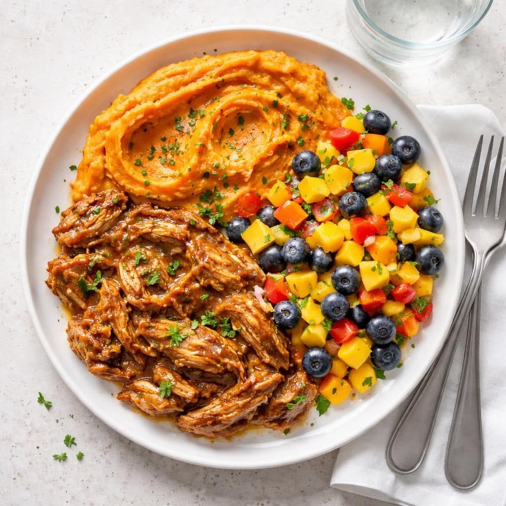 Pulled chicken med mangosalat og søtpotetmos