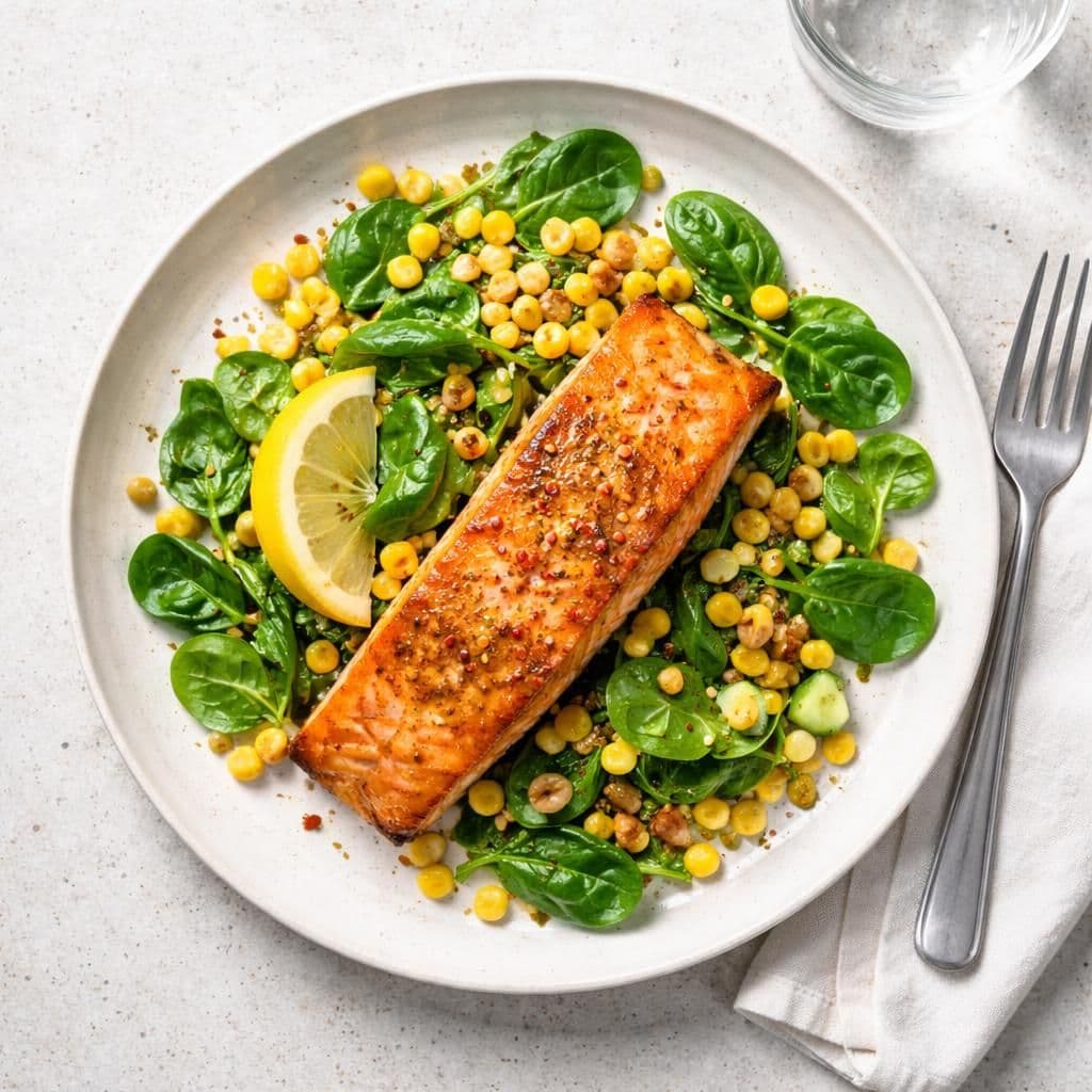 Stekt laksefilet med mais og spinatsalat