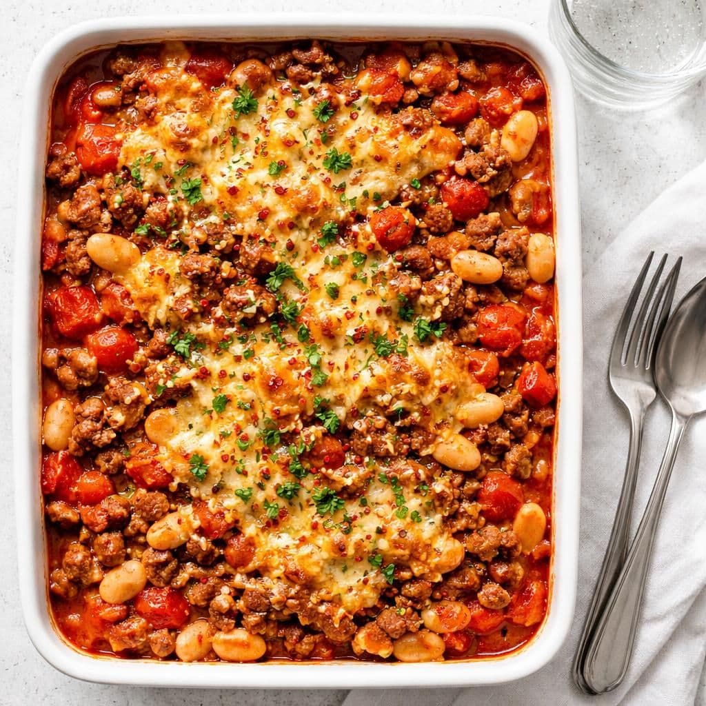 Ovnsbakt oksekjøttdeig med hvite bønner og hakkede tomater