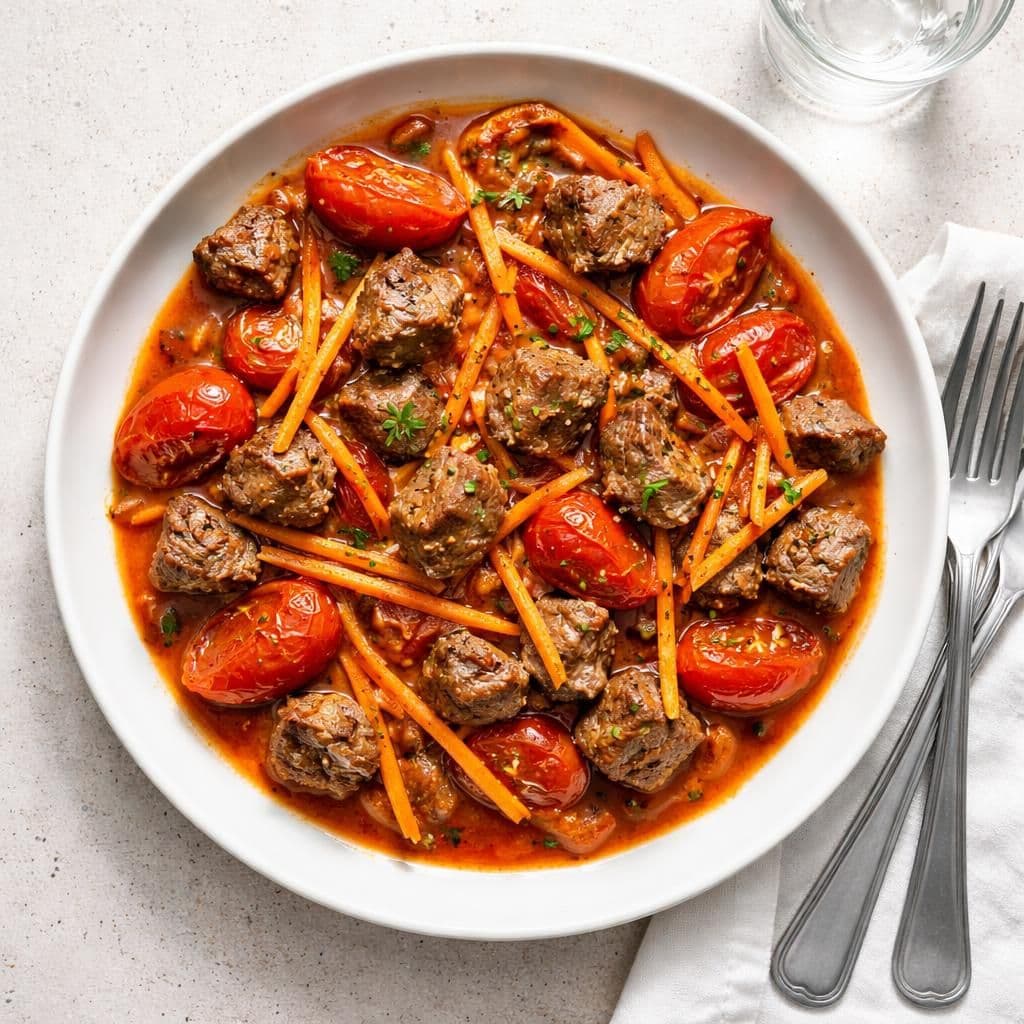 Stekt oksekjøtt med San Marzano tomat og gulrotstrimler