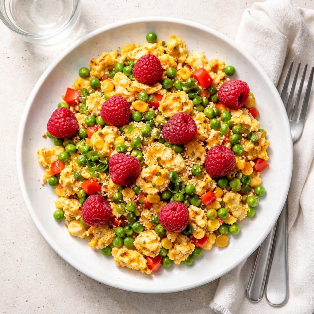 Wokede egg med fryst grønnsaker og bringebær