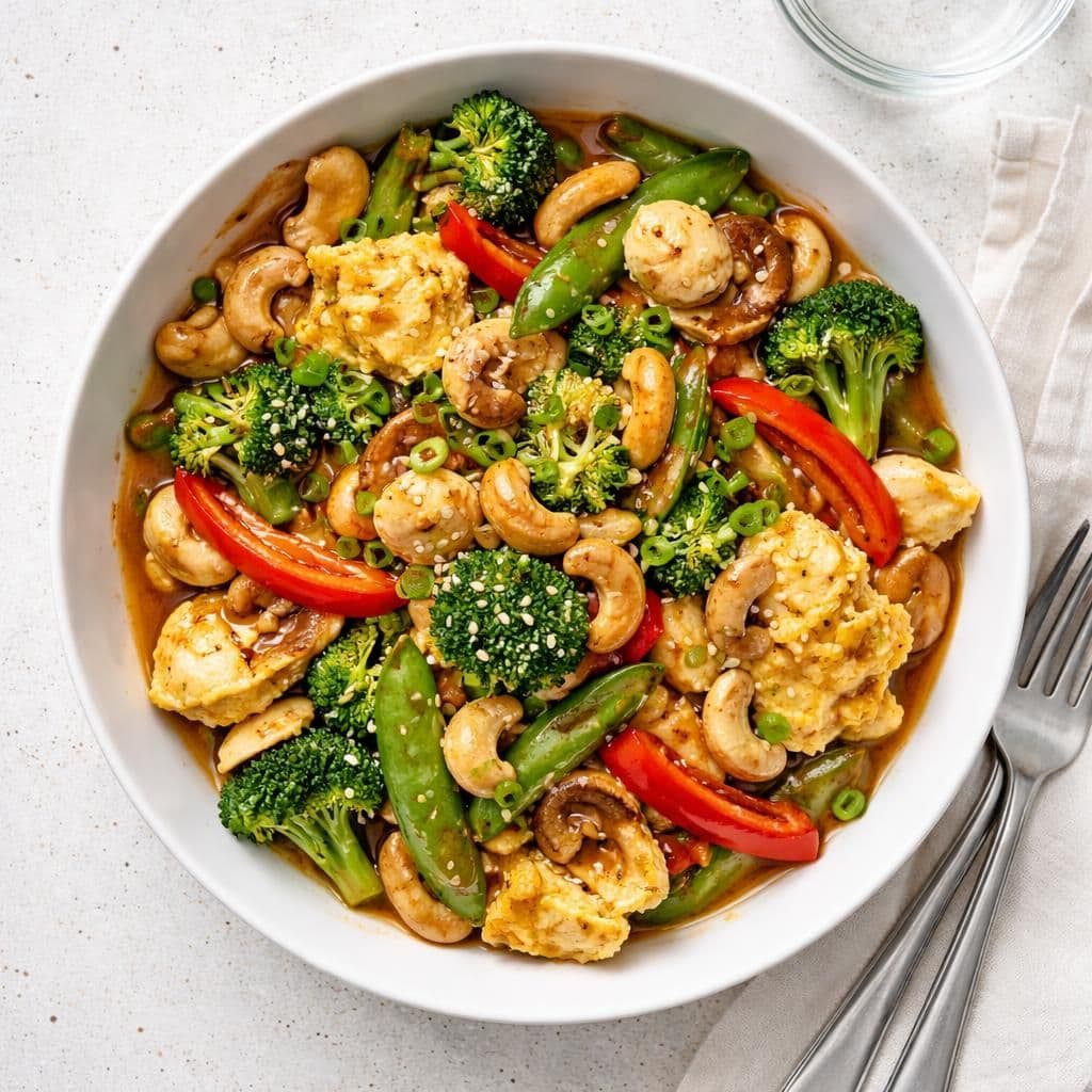 Wokstekte grønnsaker med egg og cashewnøtter