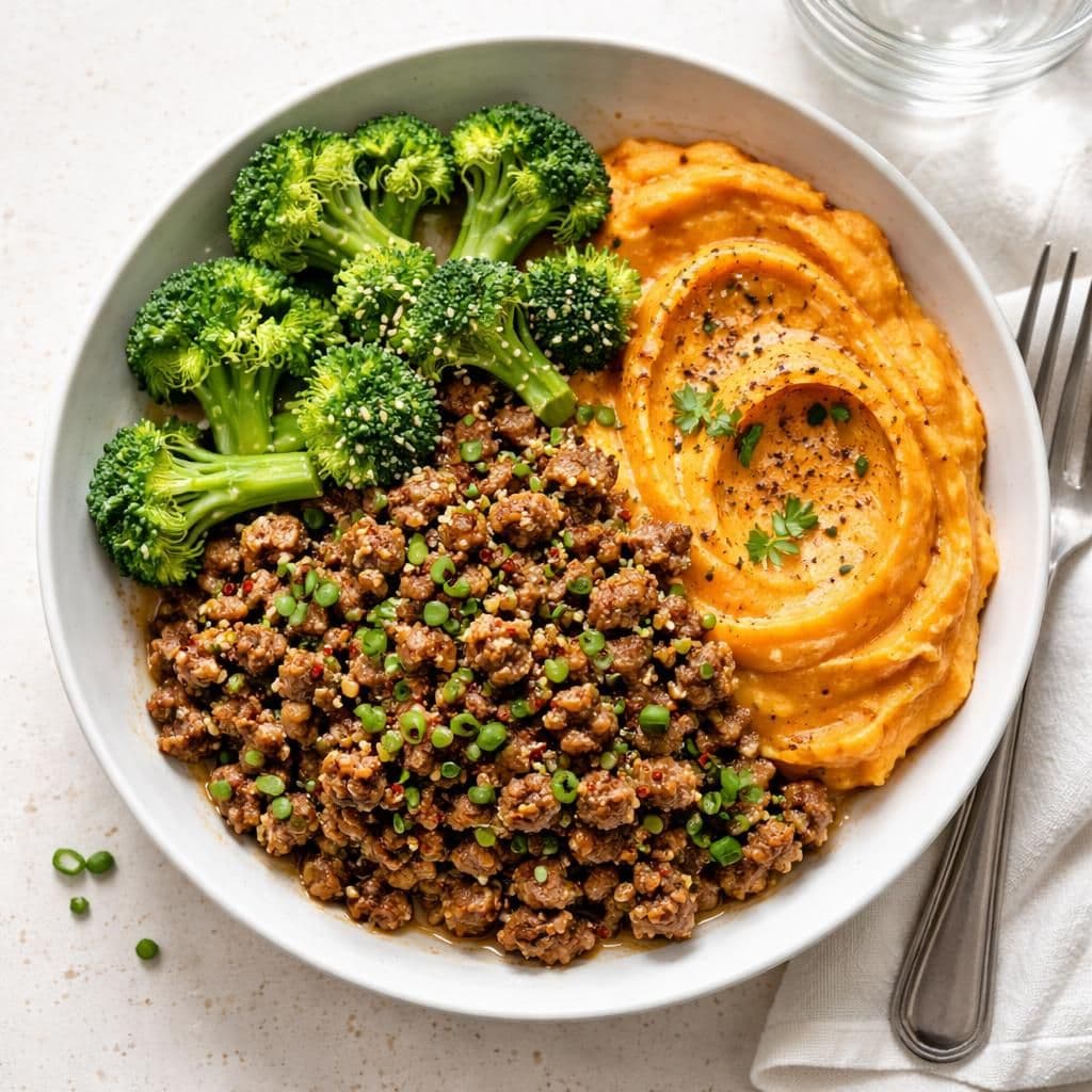 Oksekjøttdeig med brokkoli og søtpotetmos