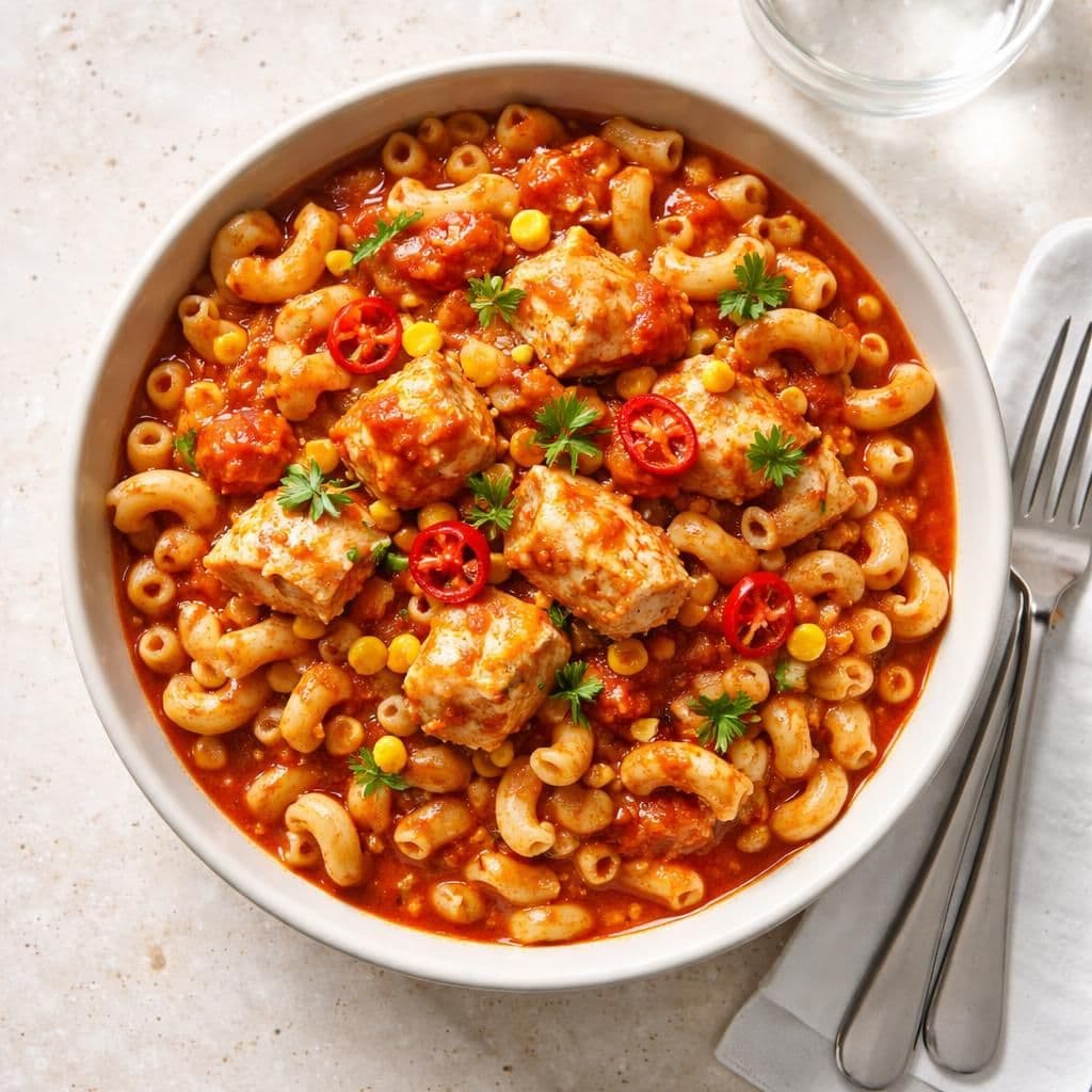 Sei i spicy tomatsaus med makaroni