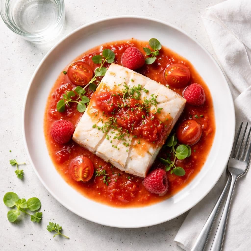 Dampet torsk med bringebær-tomatglaze