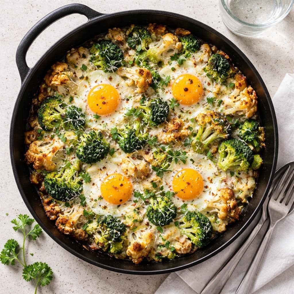 Stekt blomkål- og brokkolipanne med egg og ost