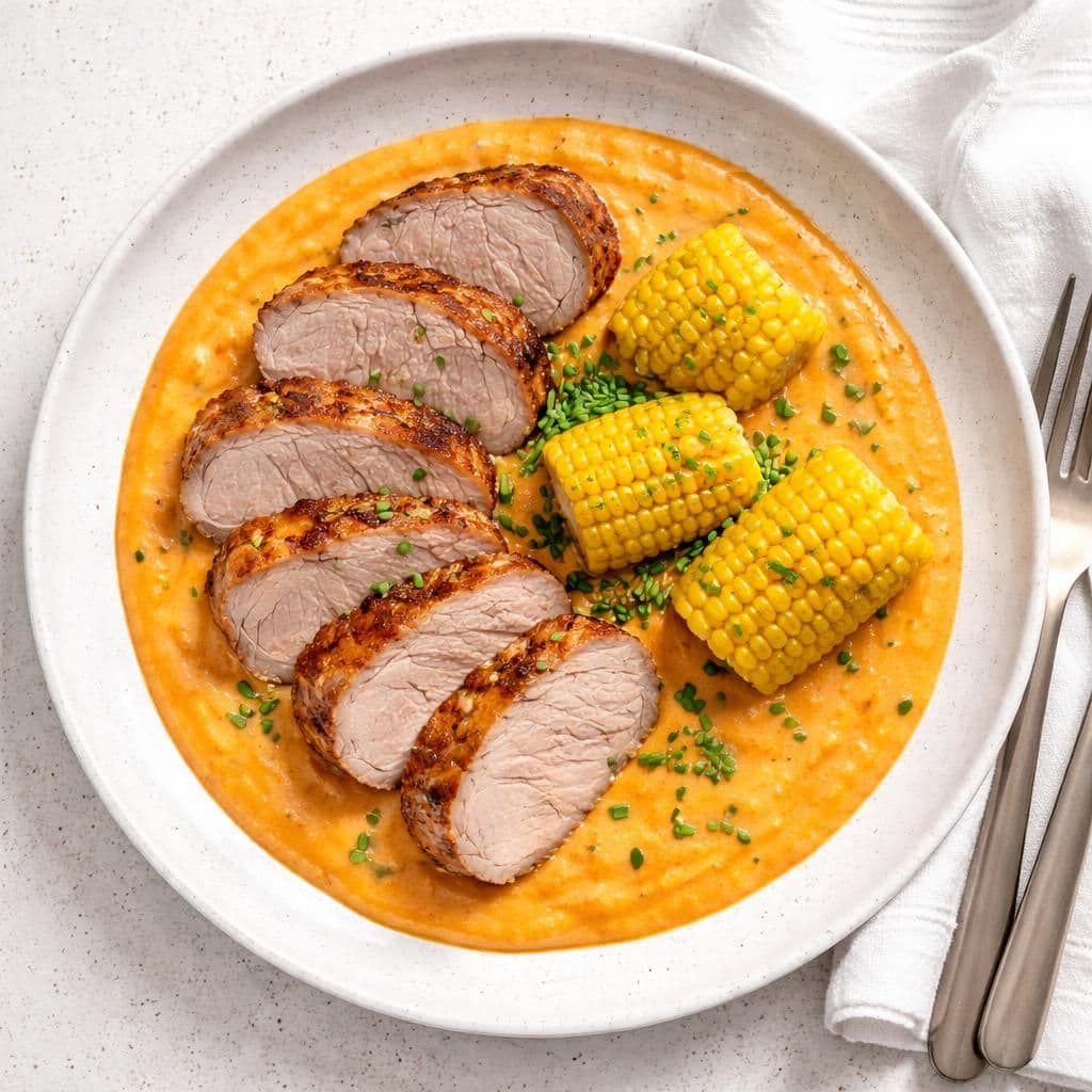Stekt svin med kremet gulrotsaus og mais