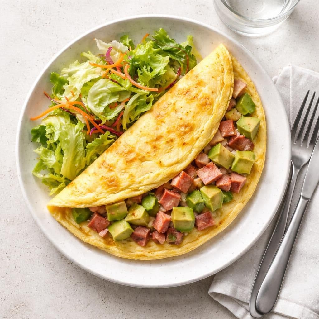Kyllingegg-omelette med smårettskinke og avokado