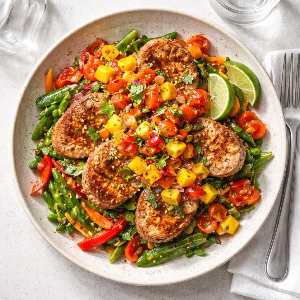 Wok-stekt svin med mango- og tomatsalsa