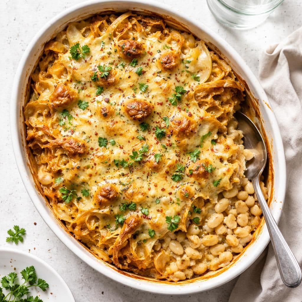 Gratinert nykål med hvite bønner