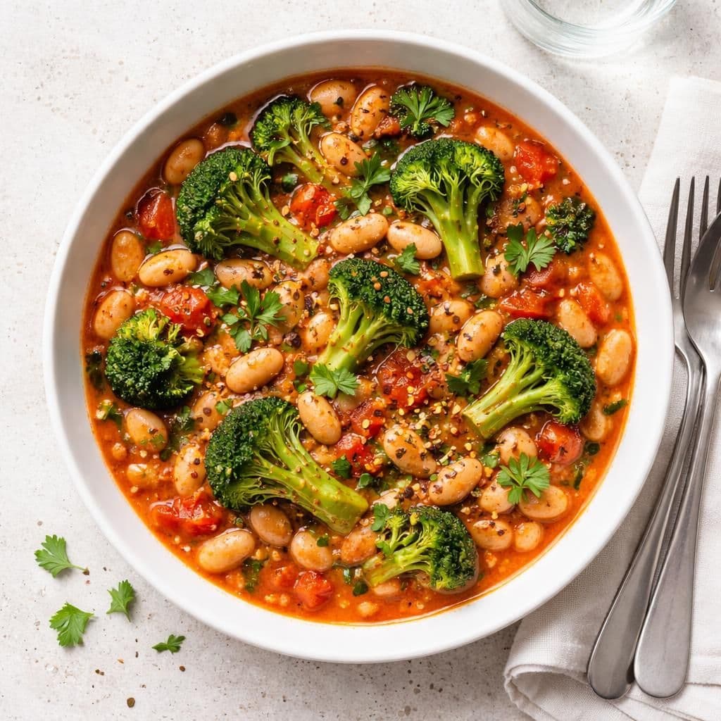 Grytekoke hvite bønner med hakkede tomater og brokkoli