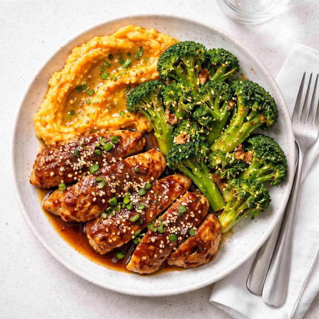Stekt kylling korean style med søtpotetmose og sprø brokkoli