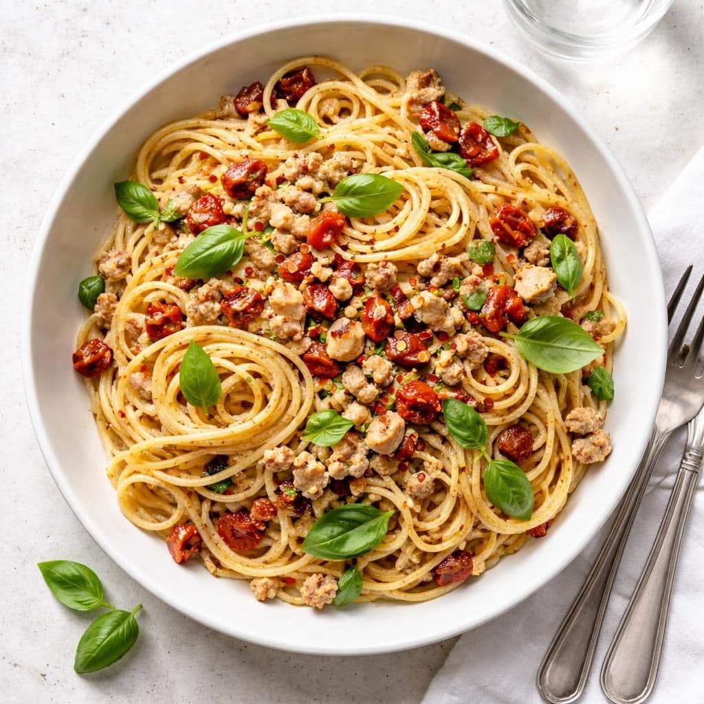 Stekt kyllingkjøttdeig med soltørkede tomater og pasta