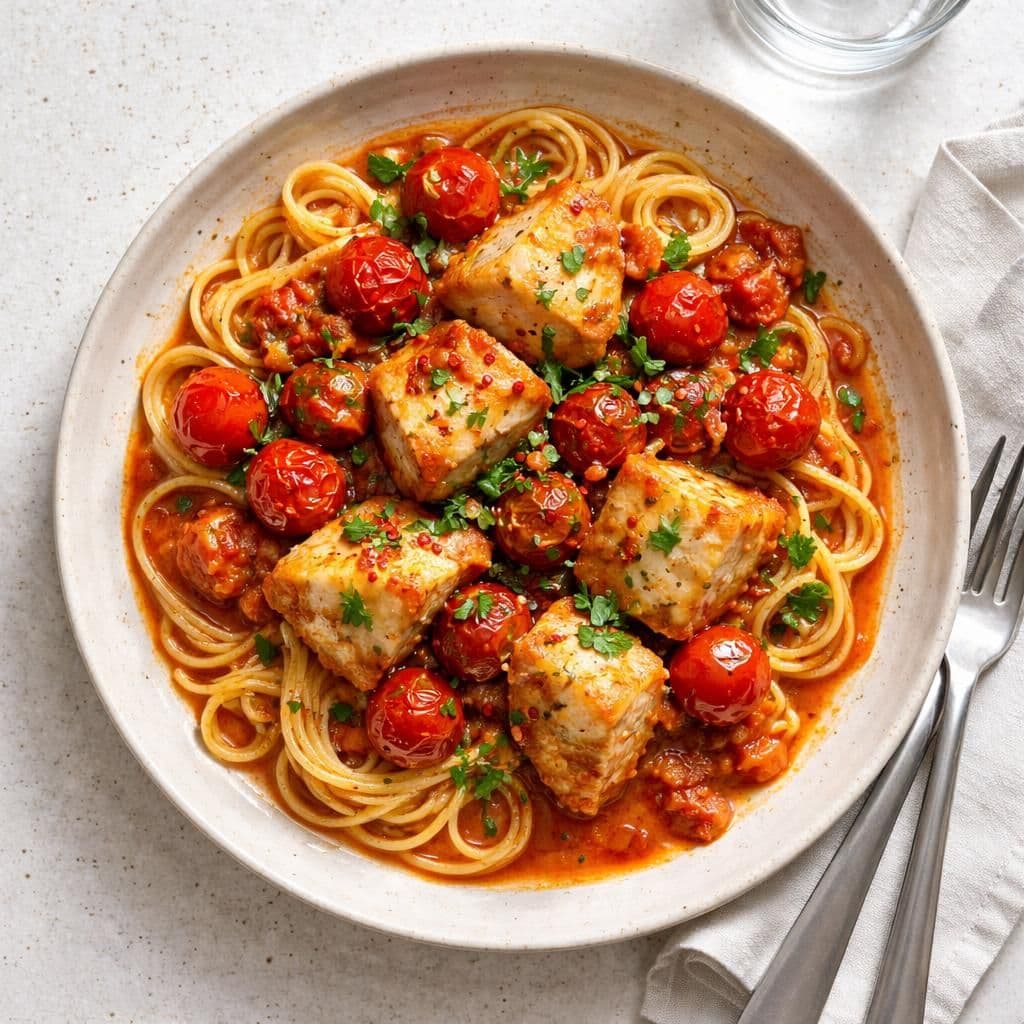 Sei i tomatsaus med spaghetti og perletomater