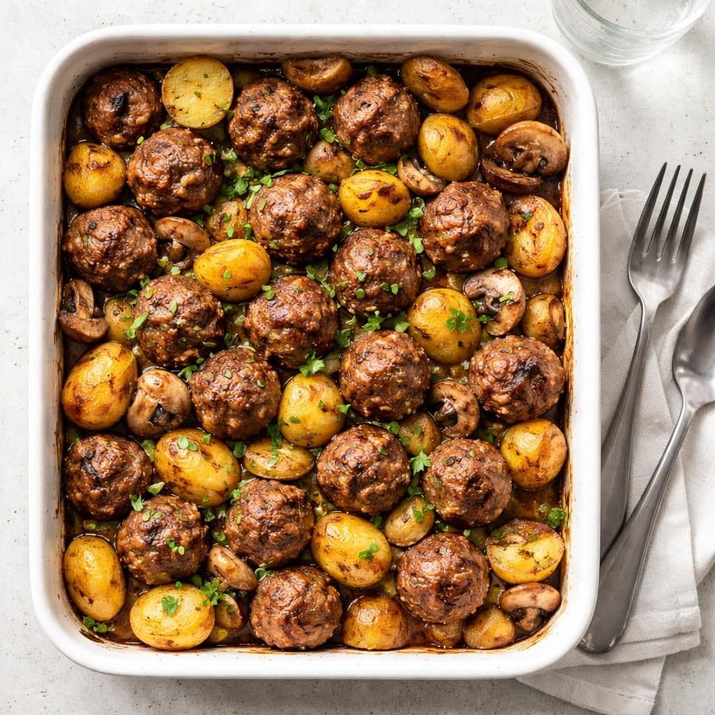 Ovnsbakt oksekjøttdeig med små gule poteter og sjampinjong