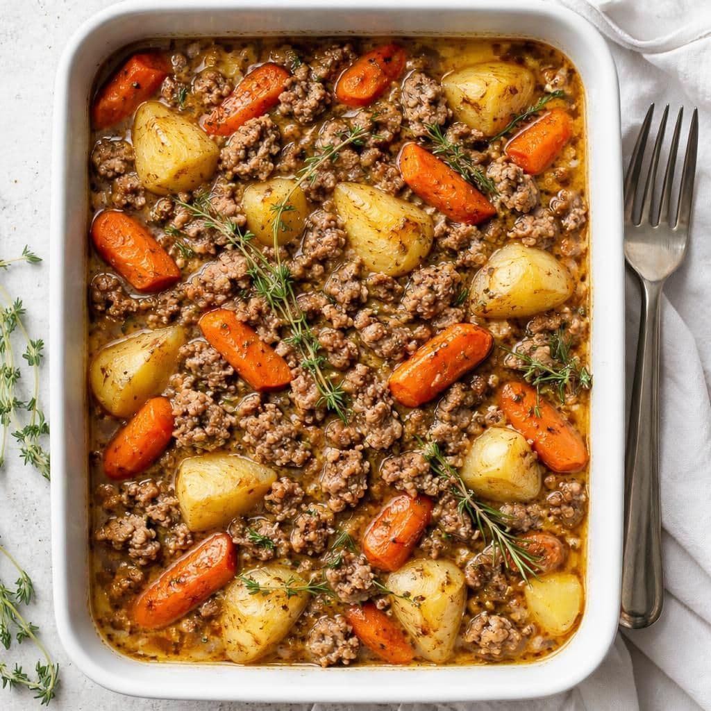 Bakt svinekjøttdeig med gulrot og poteter