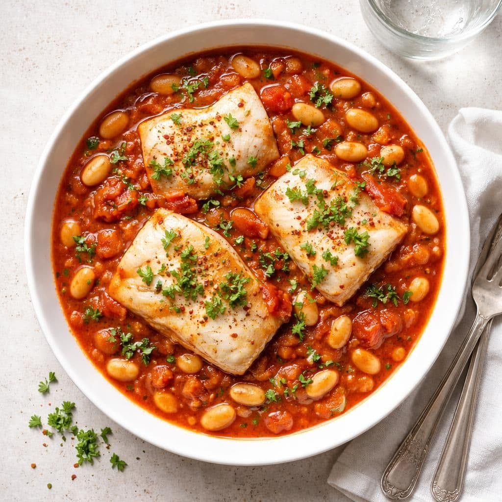 Torskefilet i tomatsaus med hvite bønner