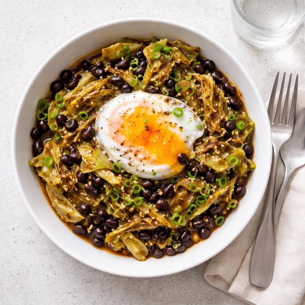 Wokede svarte bønner med sommerkål og egg