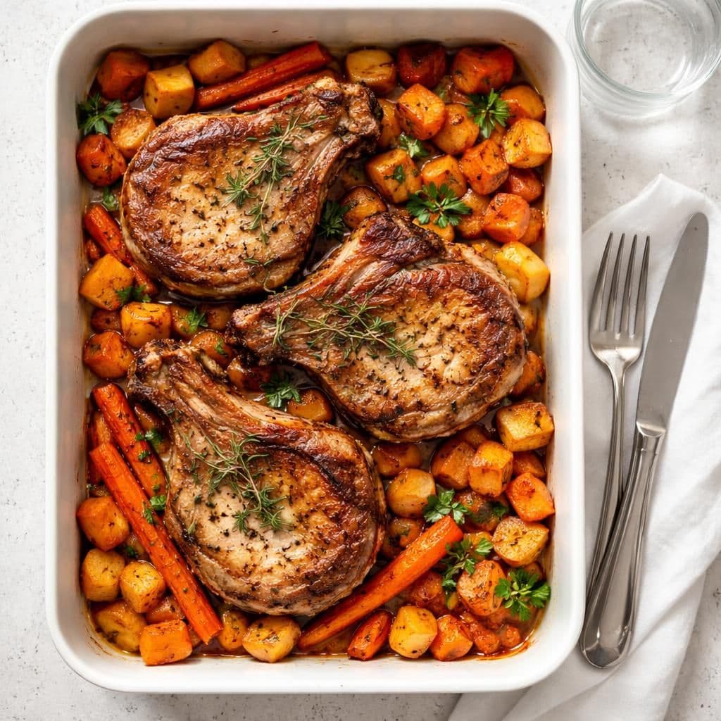 Ovnsstekte sommerkoteletter med rotgrønnsaker og urter