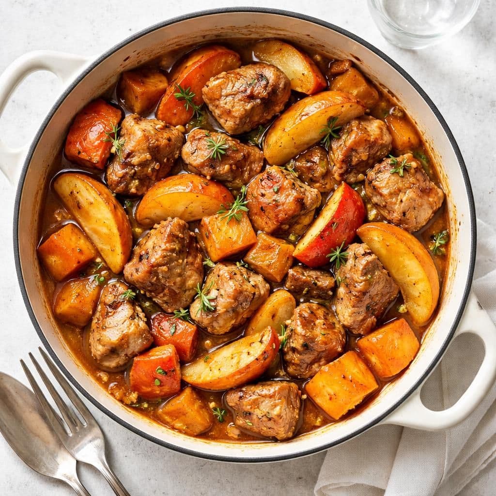 Grillmarinert svinegryte med epler og søtpotet