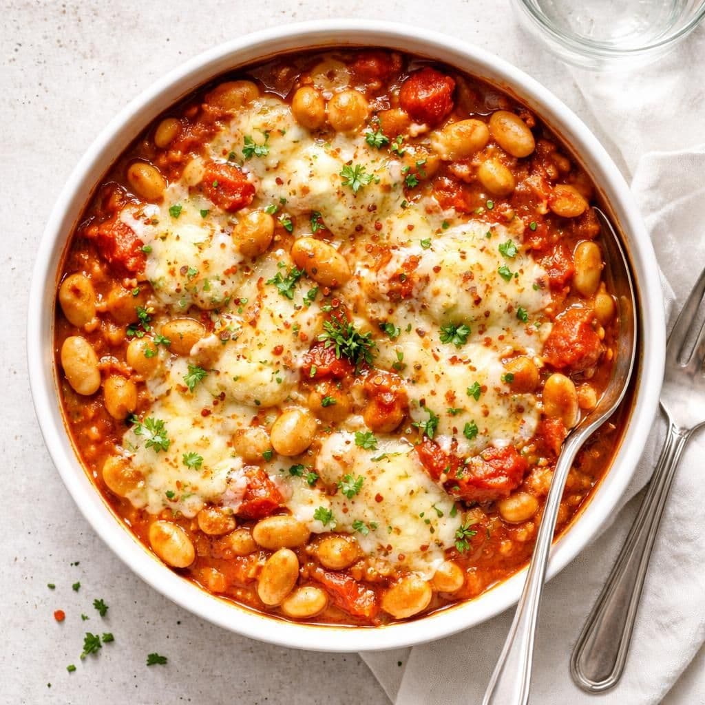 Bakte hvite bønner med tomater og ost