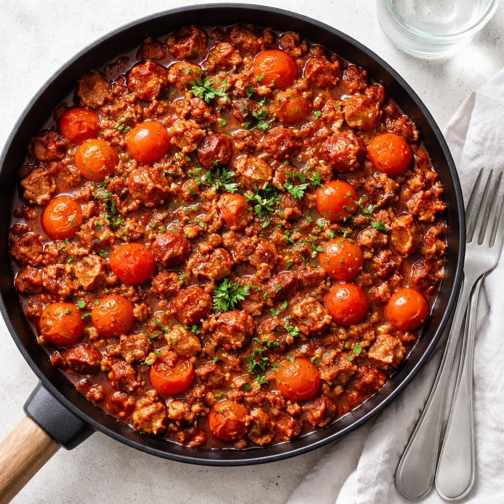 Stekt svinekjøttdeig med chorizo og perletomater