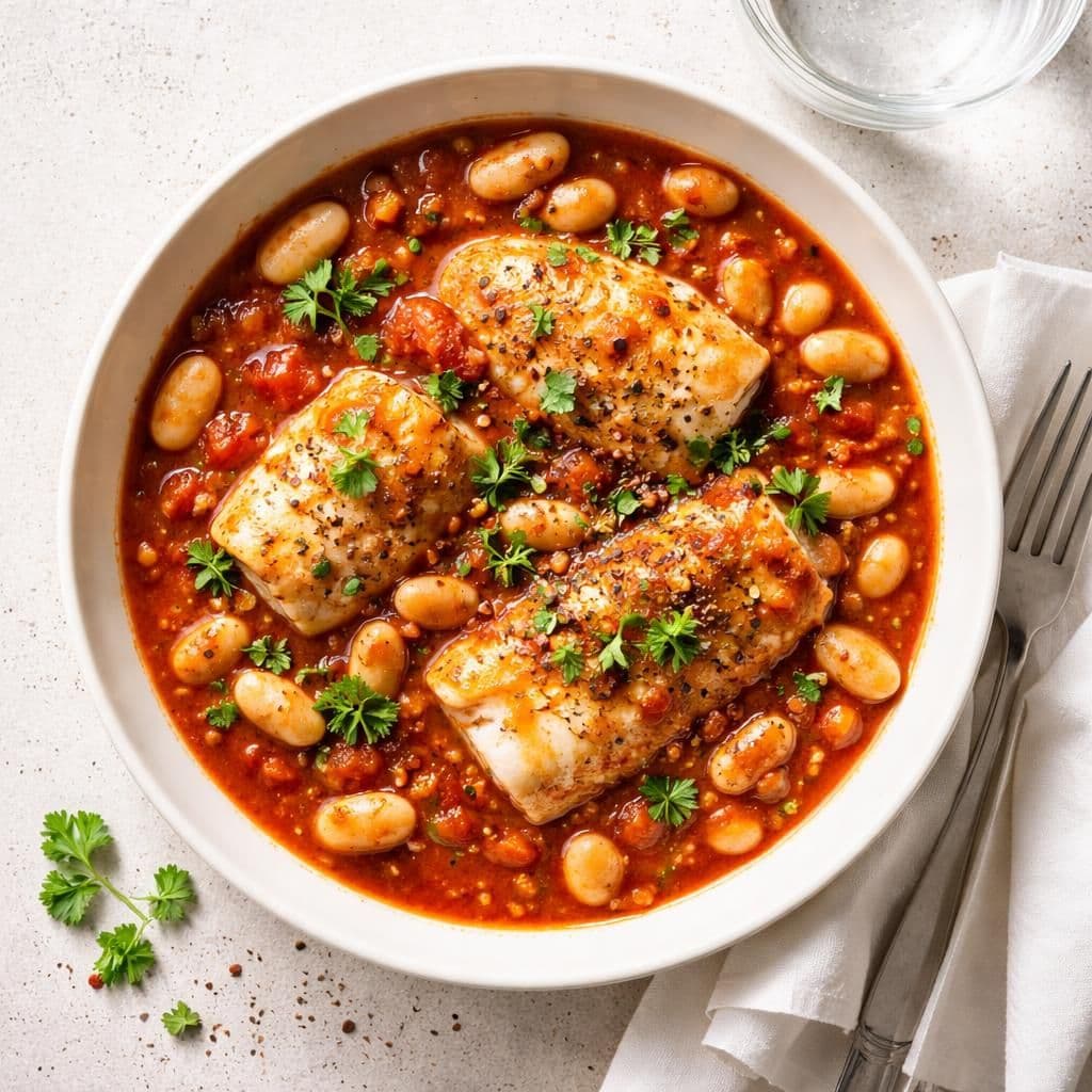 Sei i tomatsaus med hvite bønner