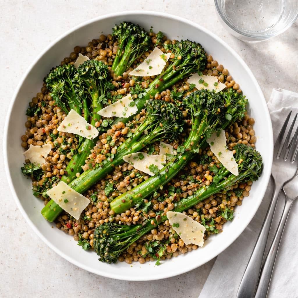 Wokstekte linser med brokkolini og grano padano