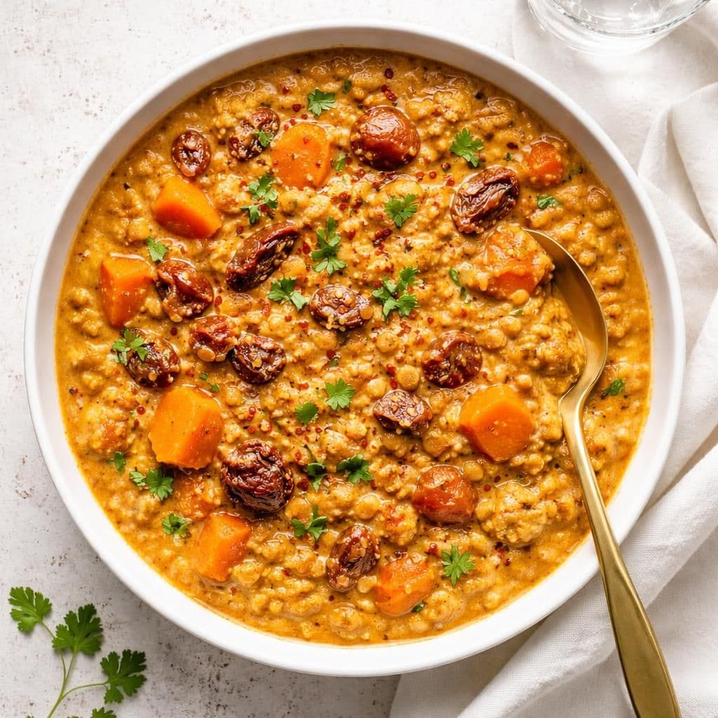 Kremet røde linser med gulrot og soltørket tomat