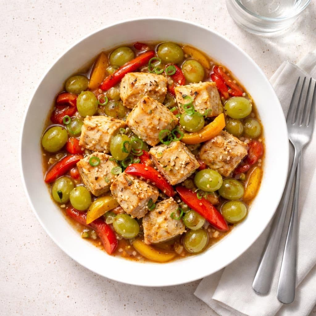 Wokstekt torsk med grønne druer og paprika