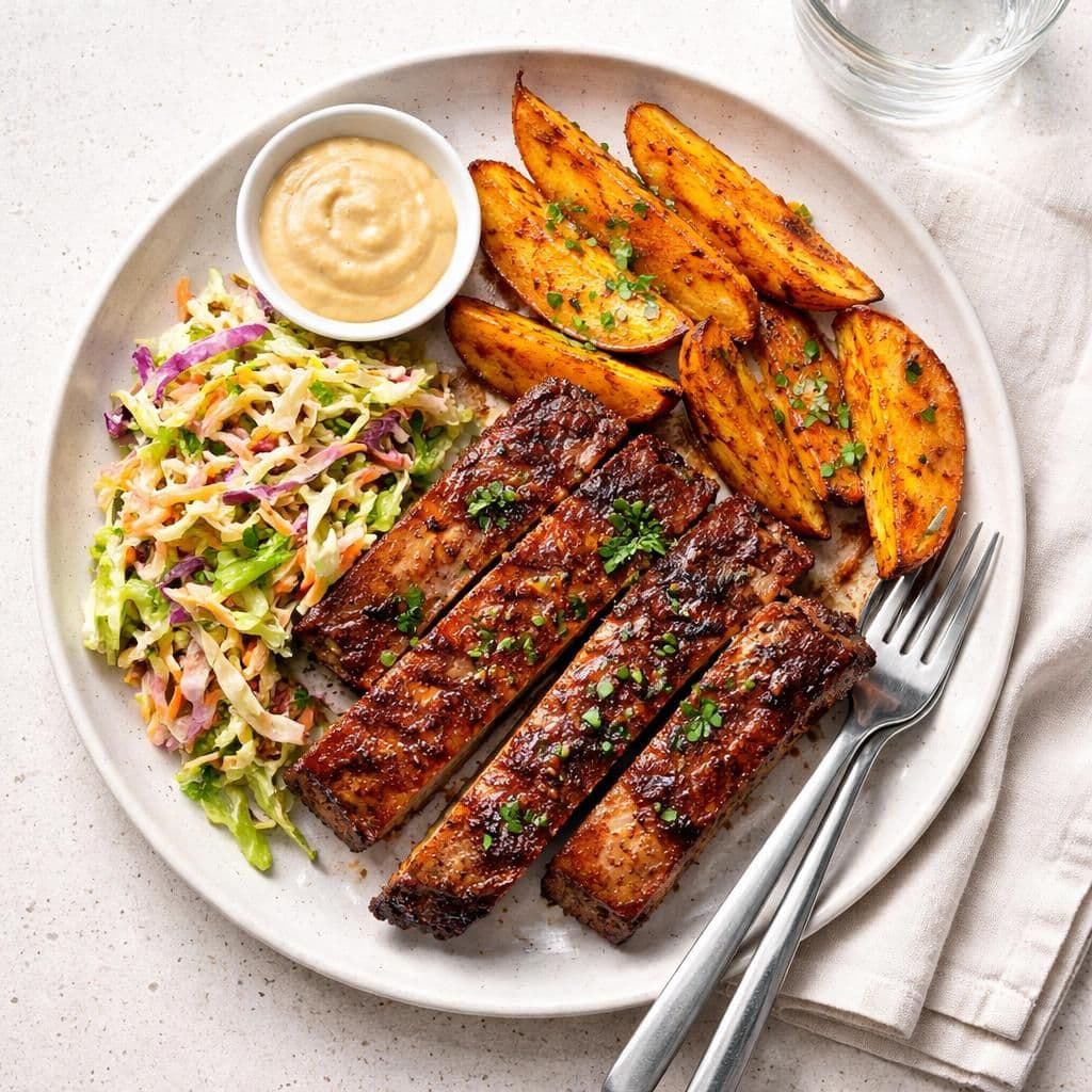 Krydret grillribbe med spicy coleslaw og søtpotet