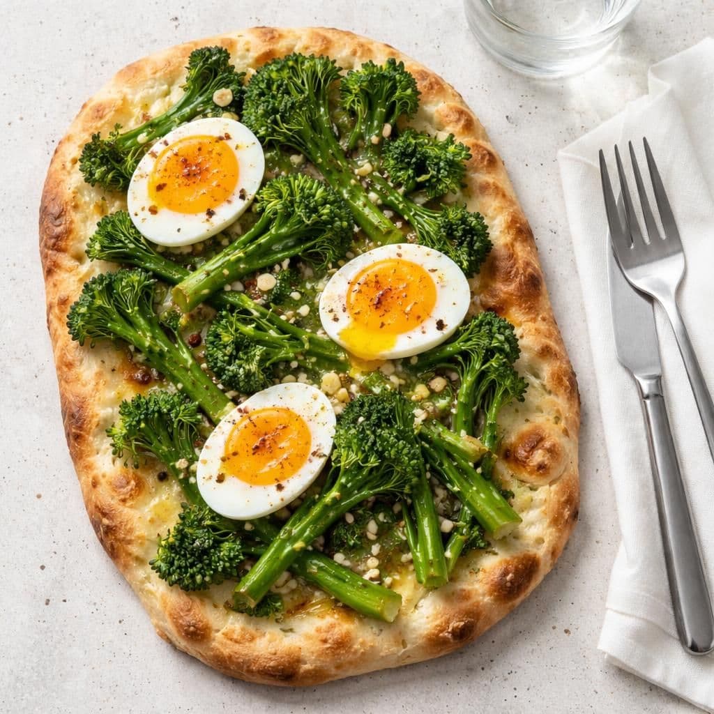 Pinsa med brokkolini, egg og hvitløksolje