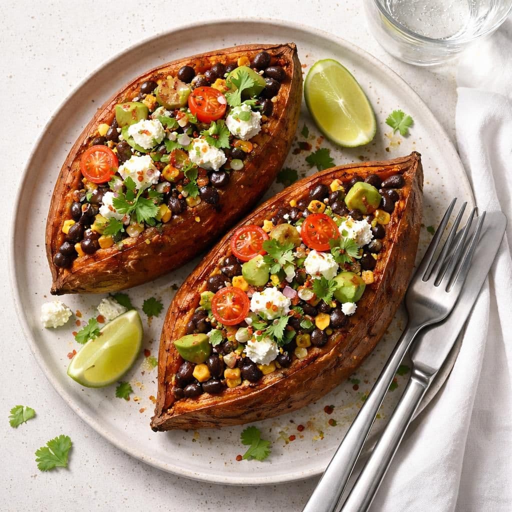 Bakt søtpotet med svarte bønner og fetaost