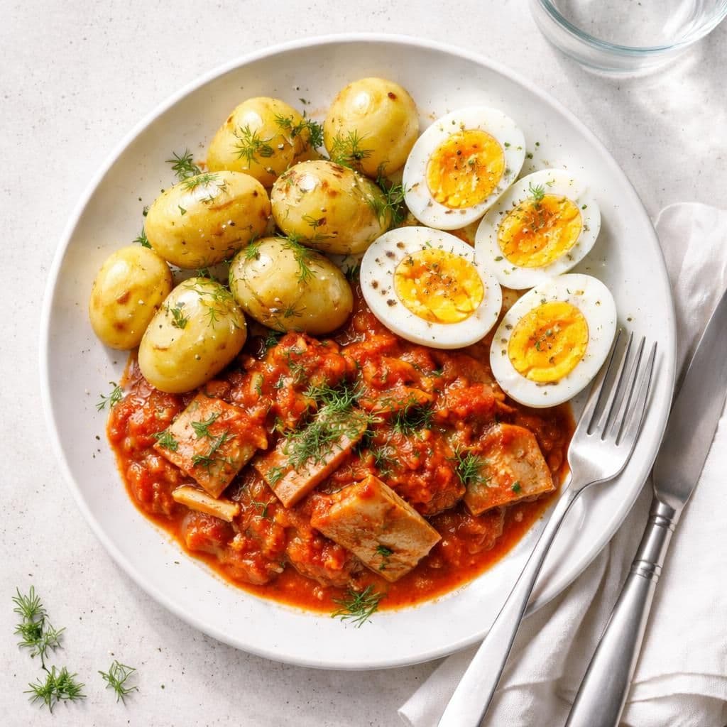 Tomatsild med egg og poteter