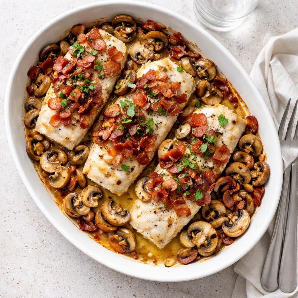 Ovnsbakt sei med bacon og sjampinjong