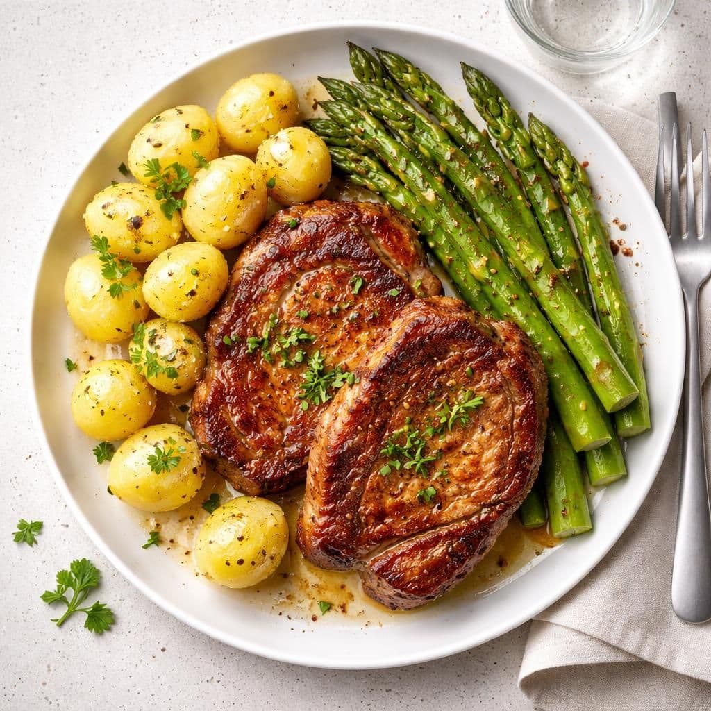 Nakkekoteletter med asparges og gule poteter