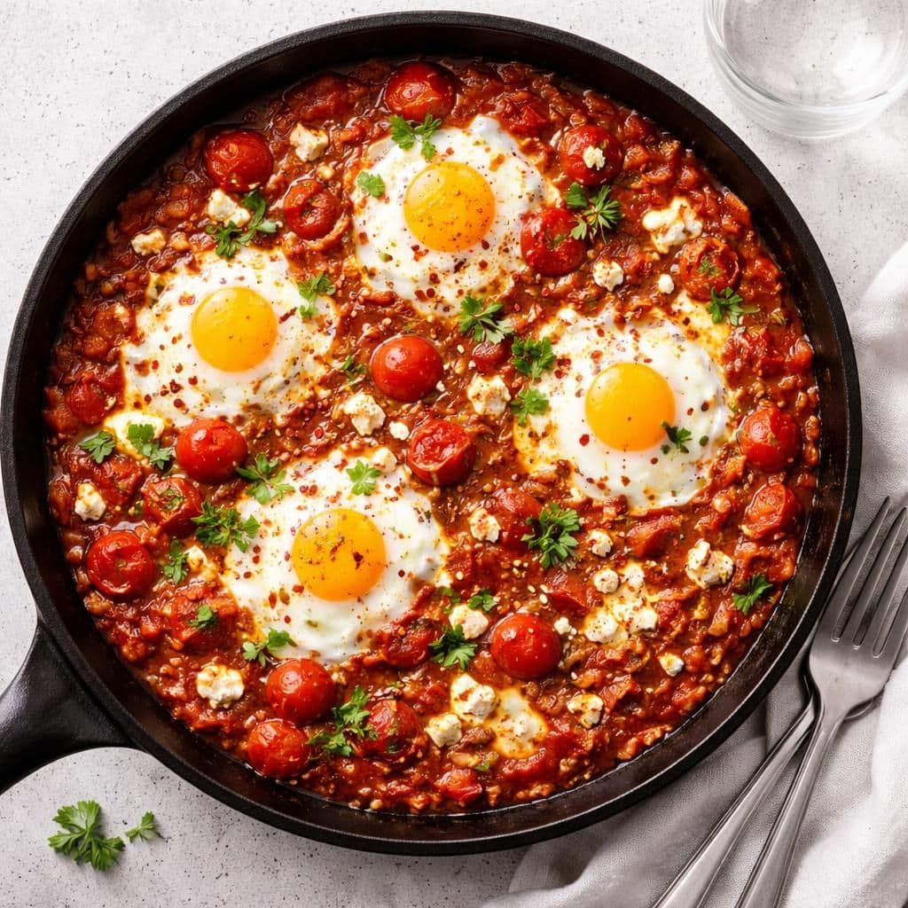 Fetaost og egg shakshuka med perletomater