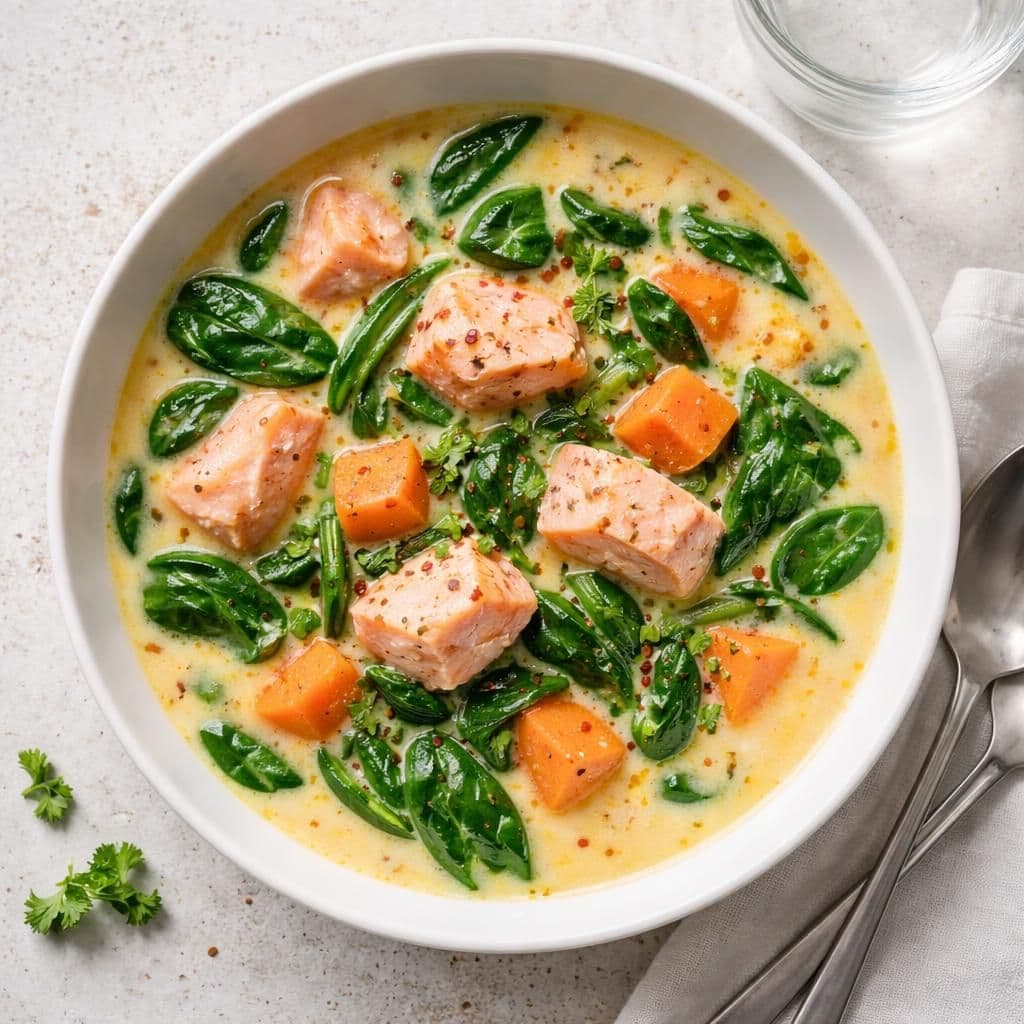 Laksesuppe med søtpotet og babyspinat