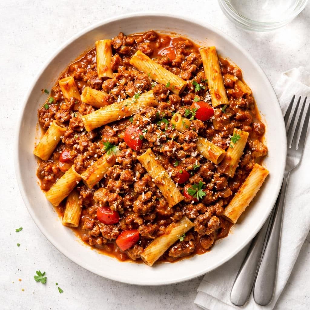 Kjøttdeig og paprika i tomatsaus med pasta