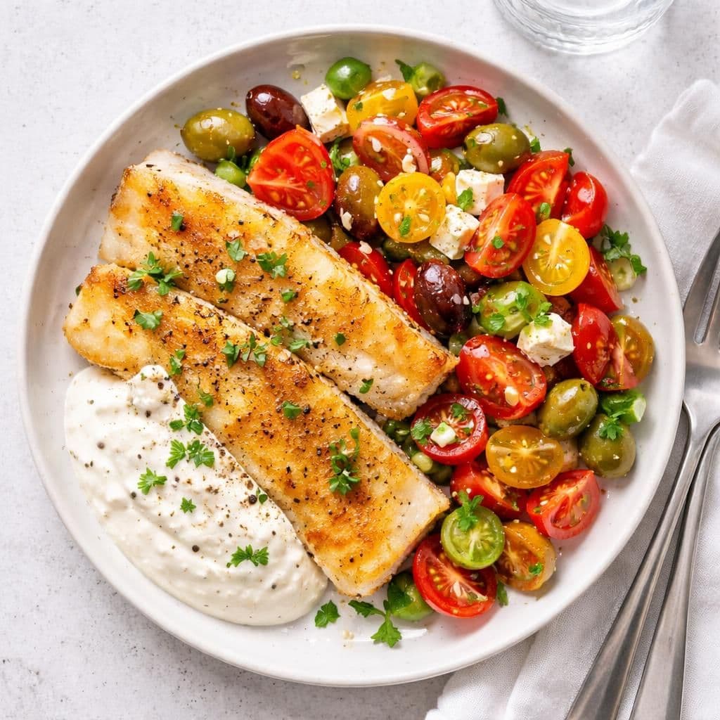 Stekt sei med hvitløksrømme og tomatсалат